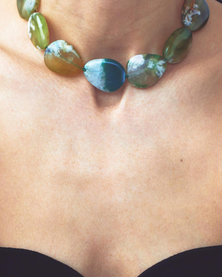 Time Will Say Nothing But "I Told You So" - Olive Cherry Blossom Agate and Green Calcite Silver Plated Necklace