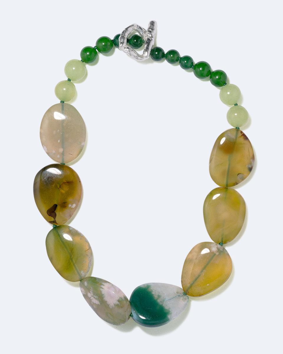 Time Will Say Nothing But "I Told You So" - Olive Cherry Blossom Agate and Green Calcite Silver Plated Necklace