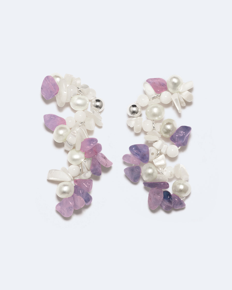 Hum - Pearl, Mother of Pearl and Amethyst Bead Platinum Plated Earrings
