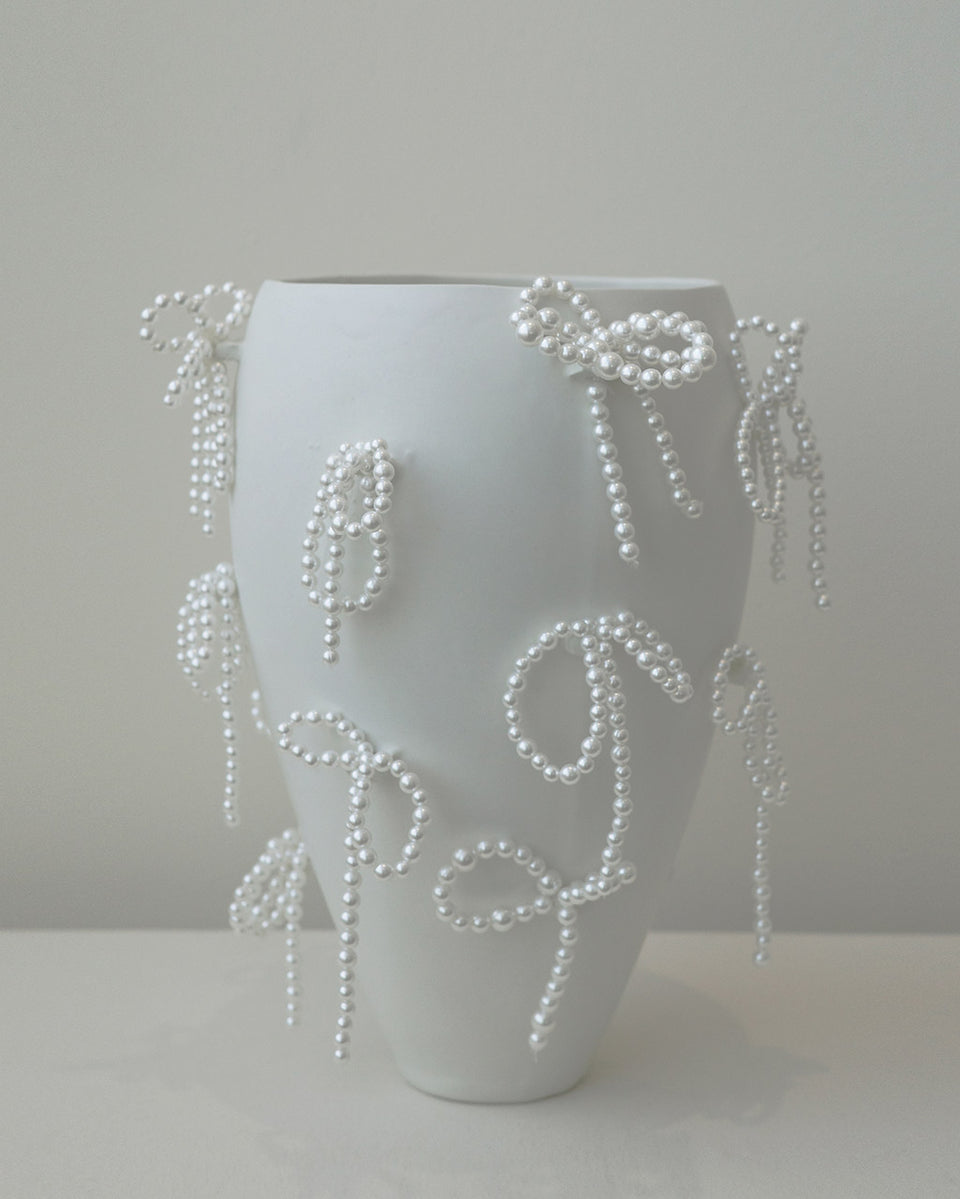 Power, Corruption, Lies - Large Vase In Matte White w/ Faux Pearl Bows
