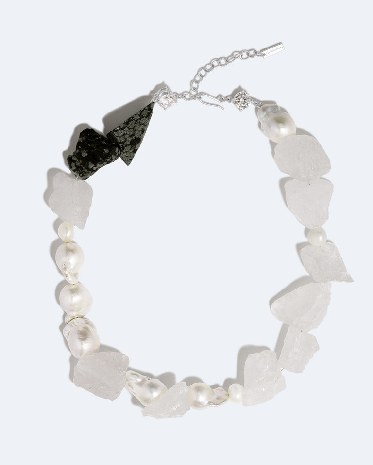 Rock Bottom - Pearl, Zirconia, Snowflake Obsidian and Rock Crystal Recycled Silver Necklace