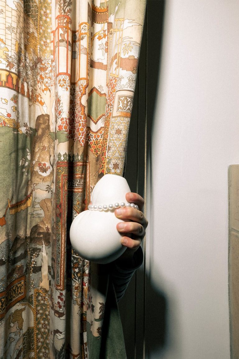Squeezed - Small Vase in Matte White w/ Faux Pearls
