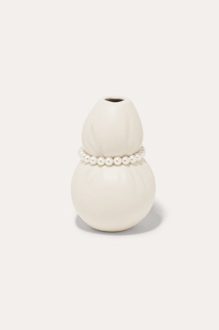 Squeezed - Small Vase in Matte White w/ Faux Pearls