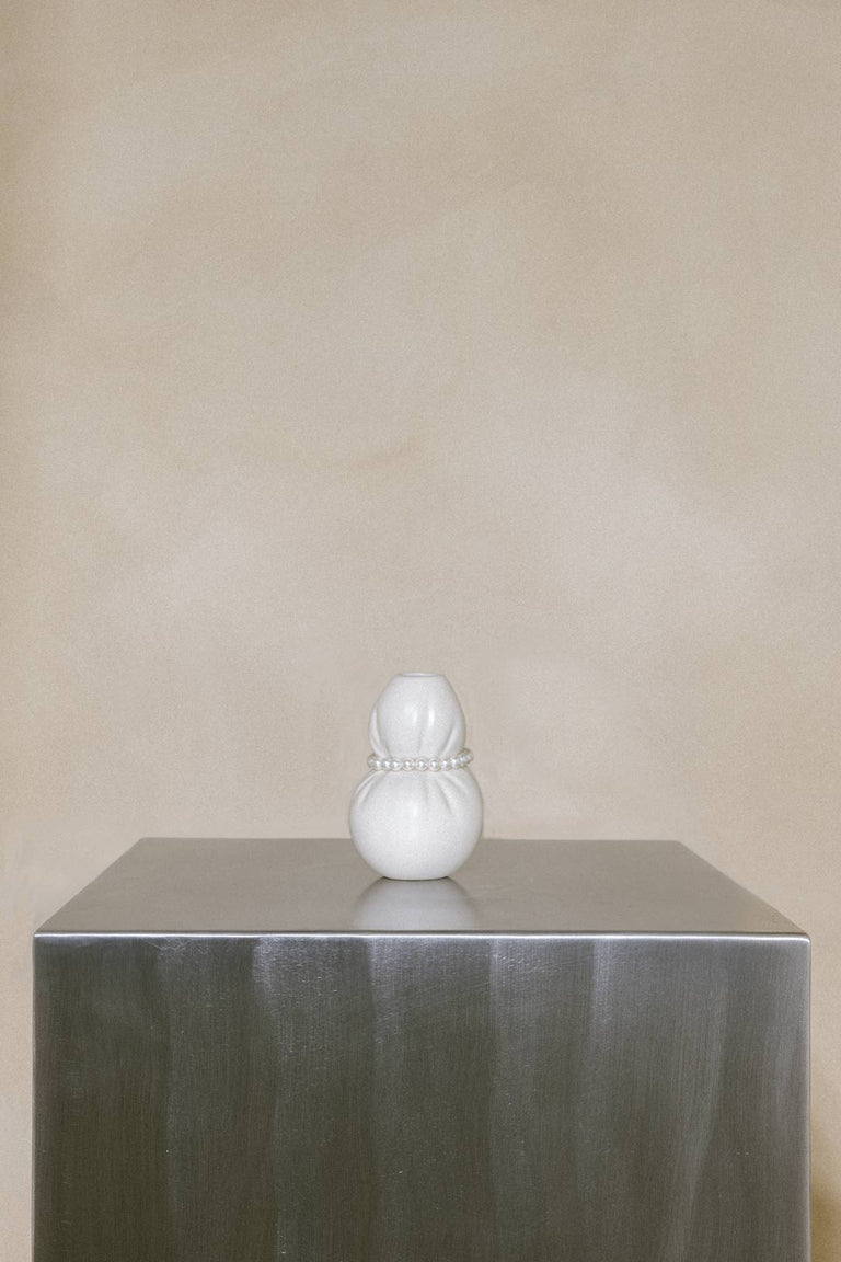 Squeezed - Small Vase in Matte White w/ Faux Pearls