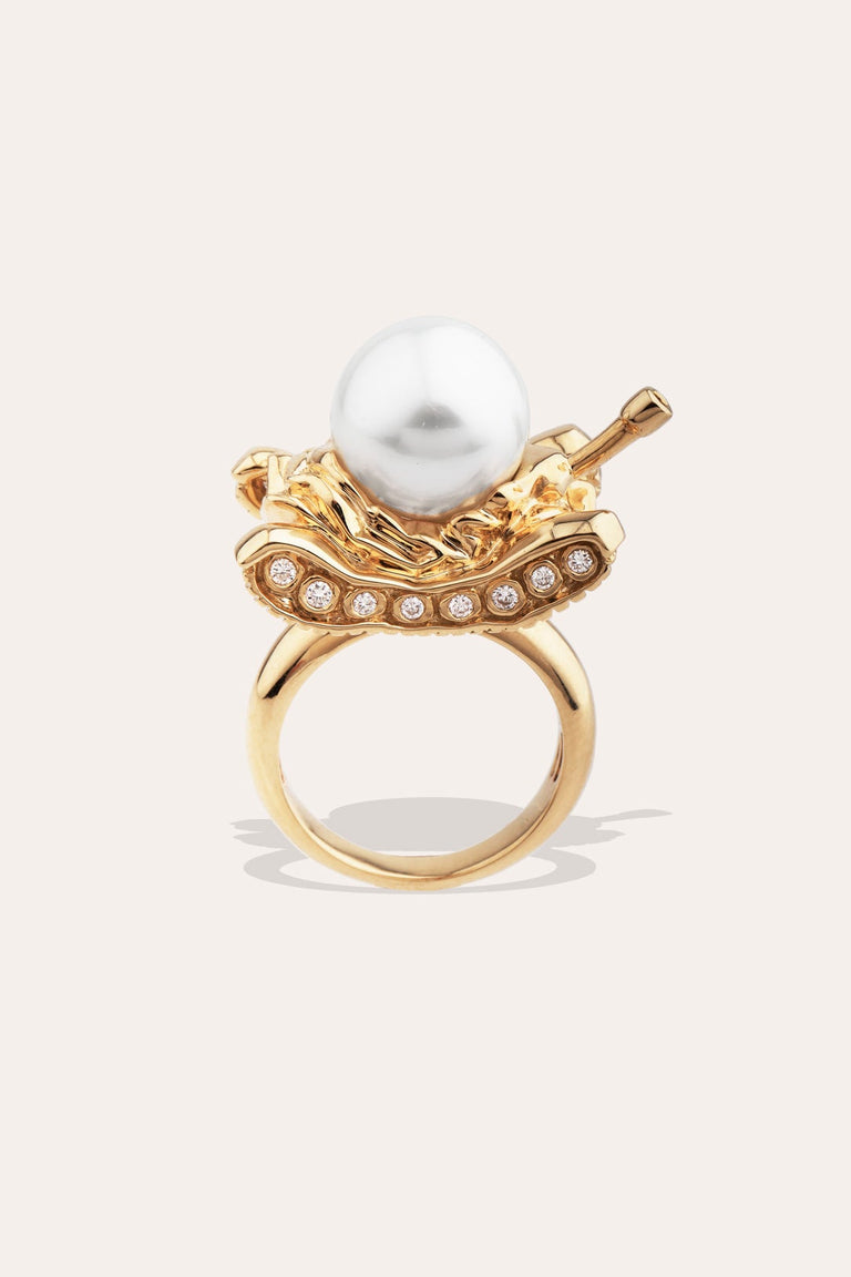 A Portrait of the Twentieth Century - 18 Carat Gold, 0.243ct Diamond and South-Sea Pearl Ring