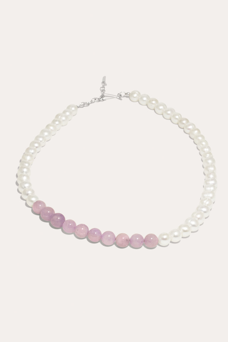 So Far So Good -  Pearl and Lilac Jade Bead Platinum Plated Necklace