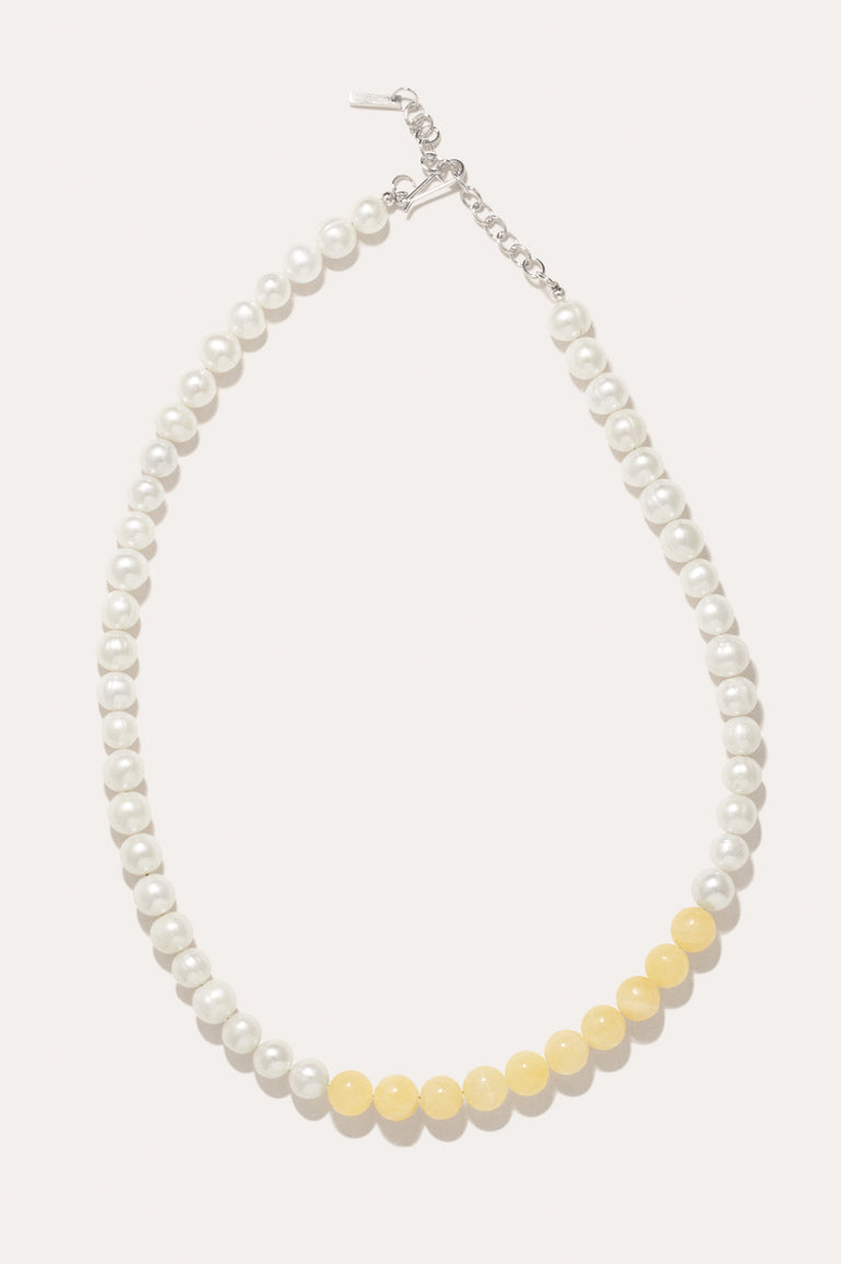 So Far So Good -  Pearl and Yellow Jade Bead Platinum Plated Necklace