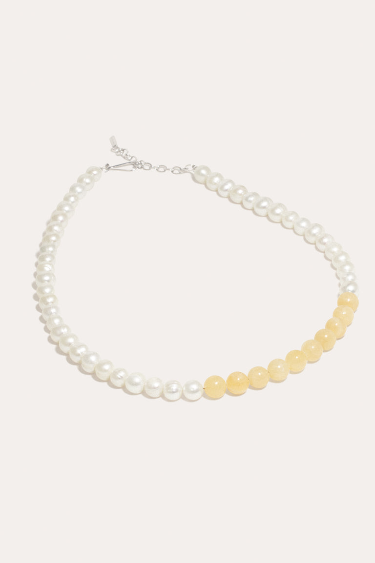 So Far So Good -  Pearl and Yellow Jade Bead Platinum Plated Necklace