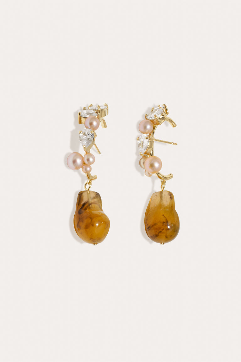 Eze‐eh - Pink Pearl and Tortoise Shell Bio Resin with Zirconia Gold Vermeil Ear Climbers