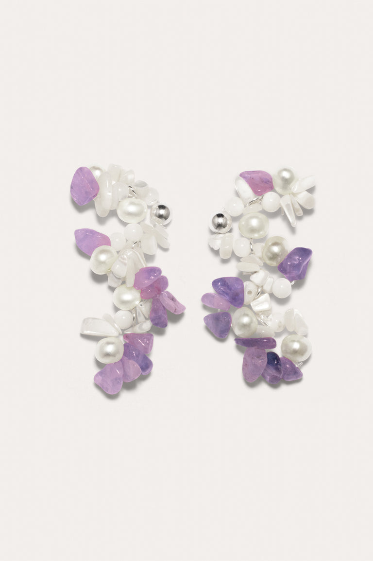 Hum - Pearl, Mother of Pearl and Amethyst Bead Platinum Plated Earrings