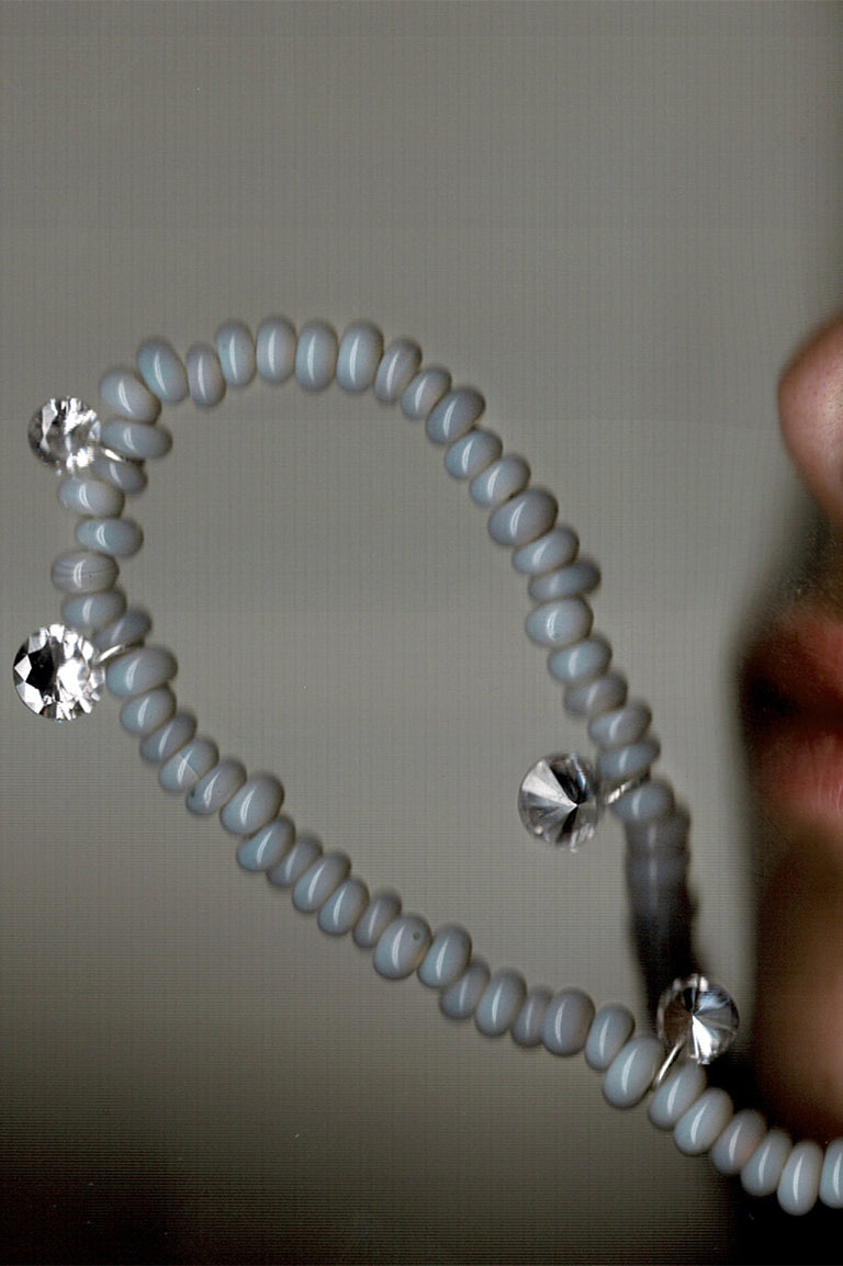 The Clustered Stars - Cubic Zirconia and Grey Glass Bead Rhodium Rhodium Plated Necklace